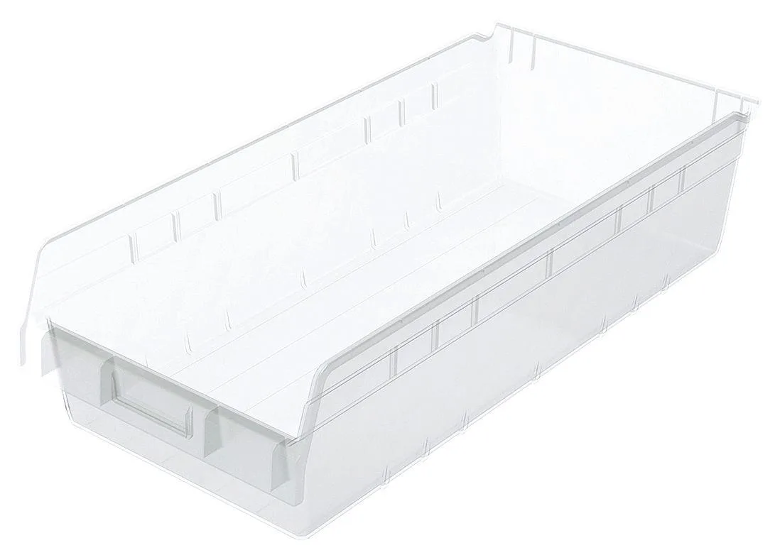 Clear plastic shelf storage bin, open top, rectangular, label area on front