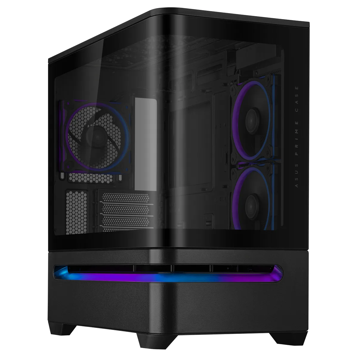 Black micro-ATX case with curved tempered glass front-to-side panel and three built-in ARGB fans