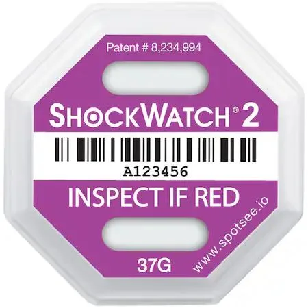 Pack of fifty purple 37G Shockwatch impact indicators, small square labels with adhesive backing
