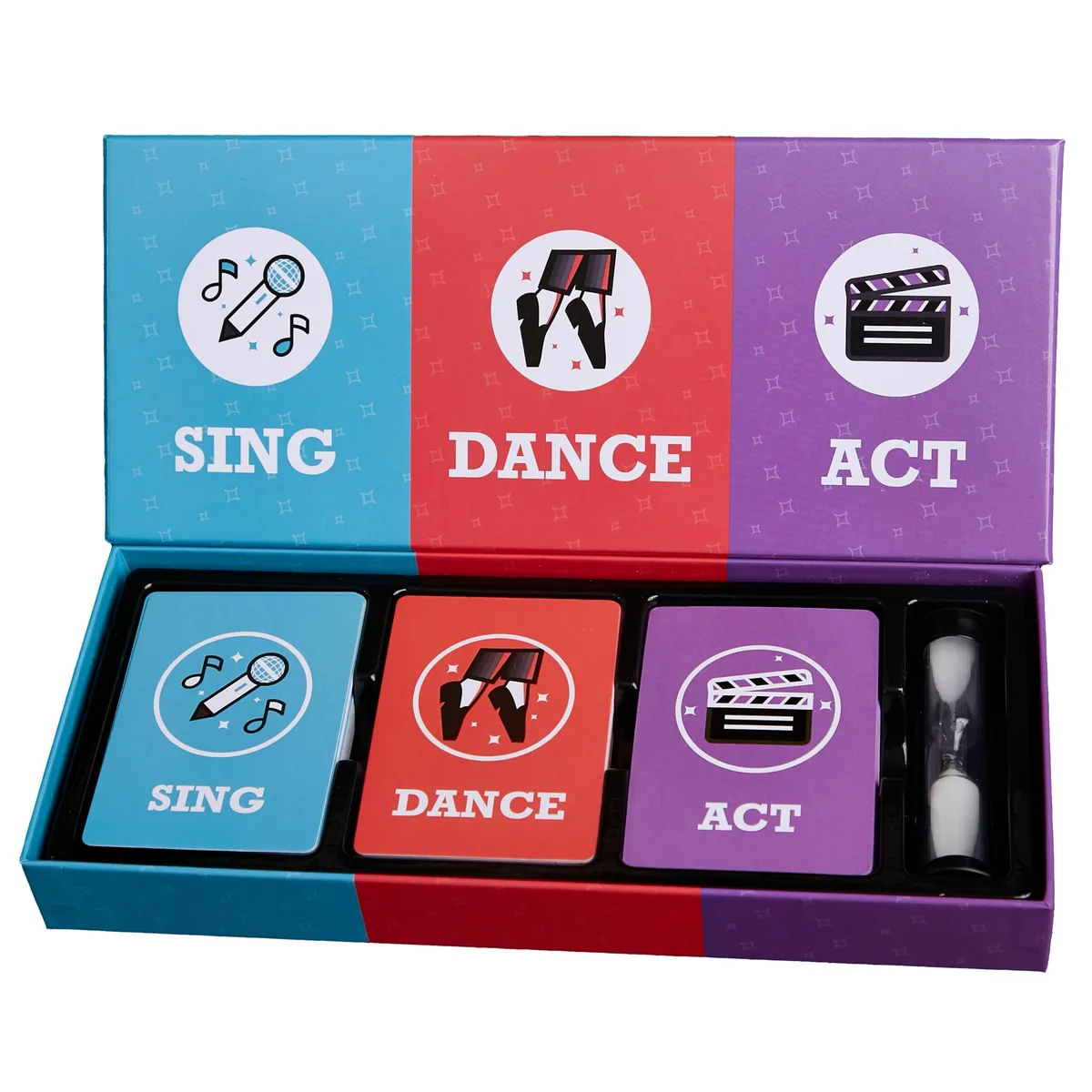 Small black card-based party game box