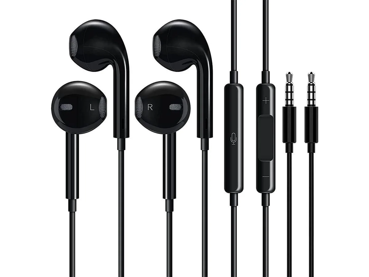 Two pairs of black half in ear wired earbuds with inline controls and 3.5mm plugs