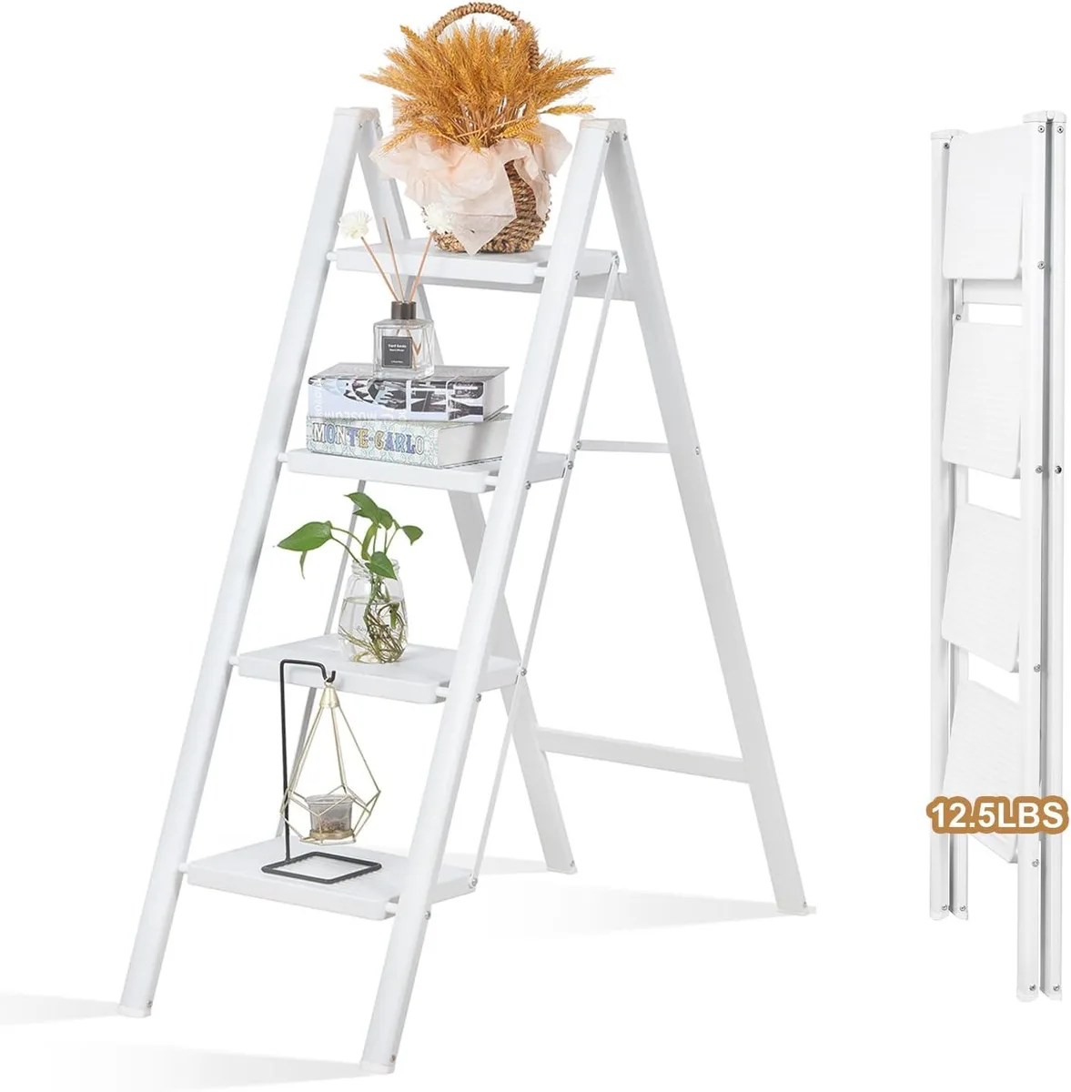 White four-step folding ladder with wide non-slip treads and large foot pads