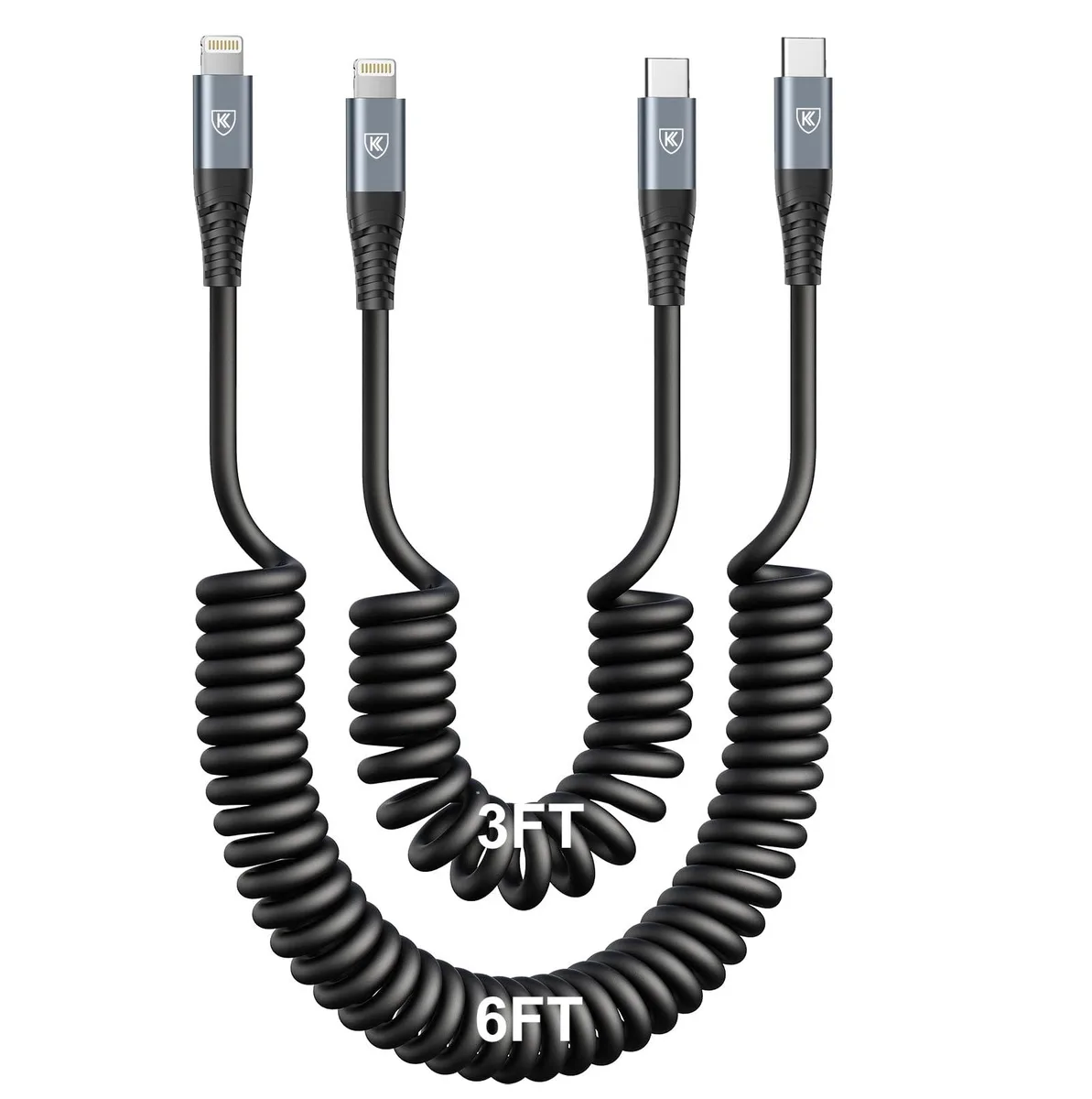 KEHIPI KEHIPI USB-C to Lightning coiled cable 2-pack 3 ft + 6 ft black 3 A MFi — product photo
