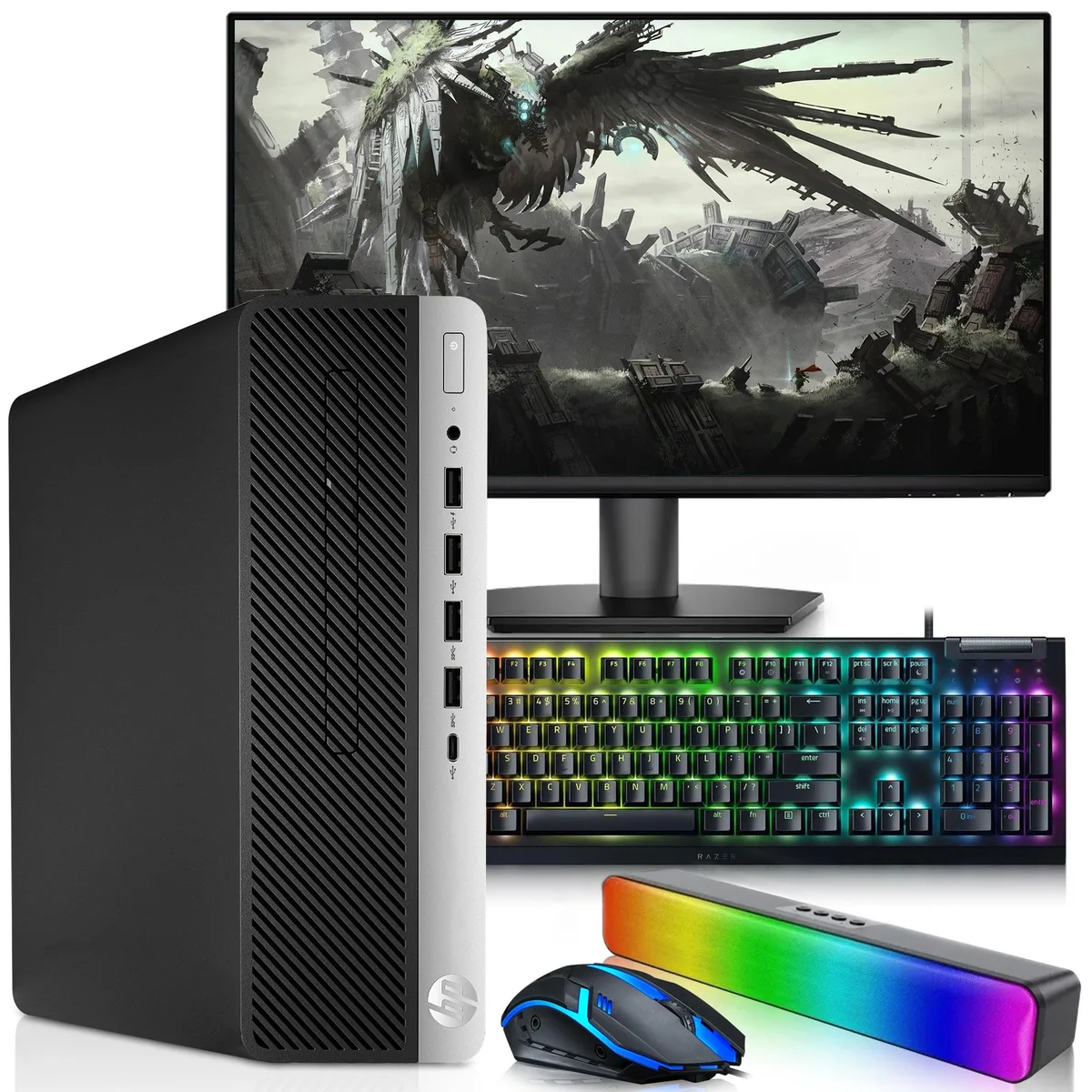 HP HP G5 Gaming Desktop PC Intel Core i5-9500 3.00GHz 16GB DDR4 512GB SSD GT 1030 24 Inch Monitor Win 11 Pro — product photo