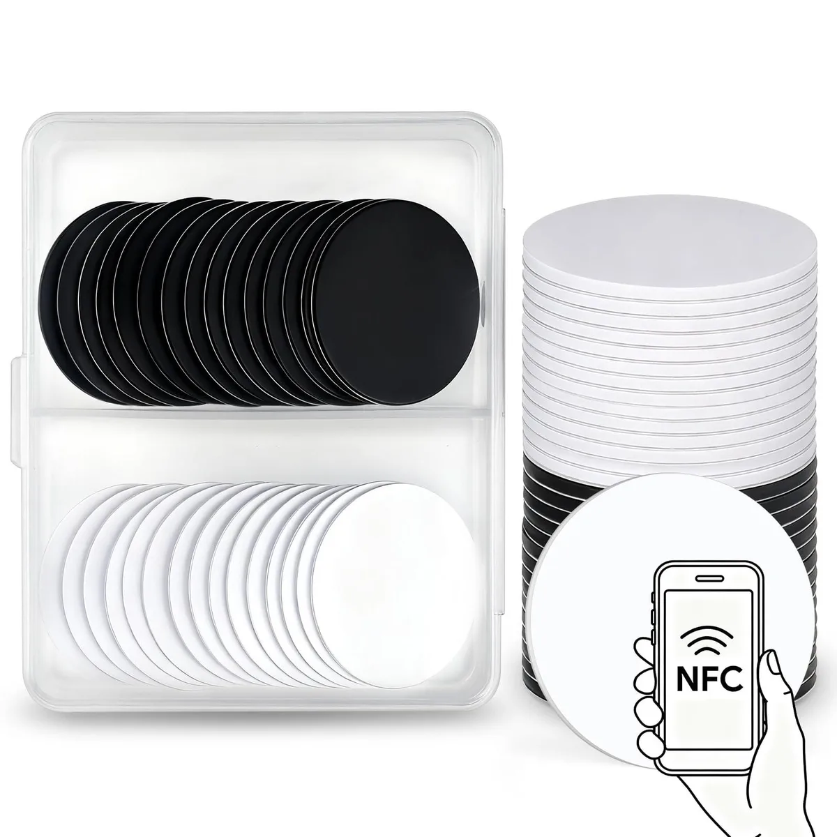 Thirty 25mm pink NFC coin stickers on a sheet