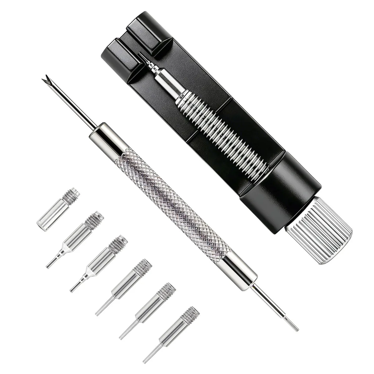 Black watch link removal kit with pin remover, spring bar tool, hammer tool and spare needles