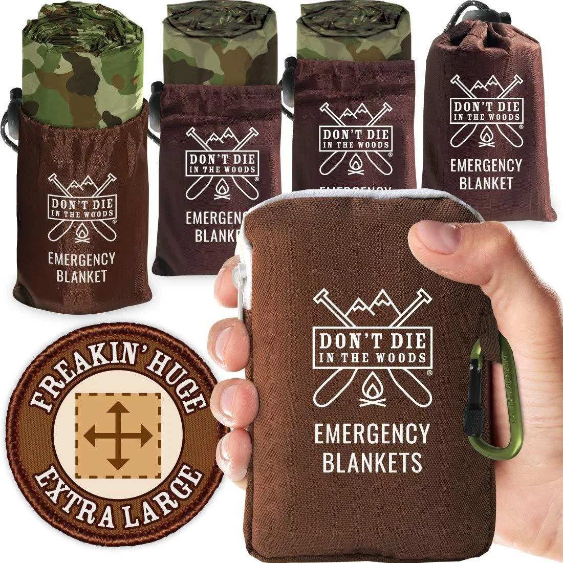 Four camouflage mylar blankets in ripstop nylon stuff sacks with carabiner zipper pack