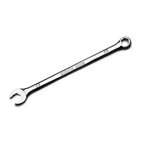 Chrome-finished 17 mm combination wrench with extra-long handle and offset box end
