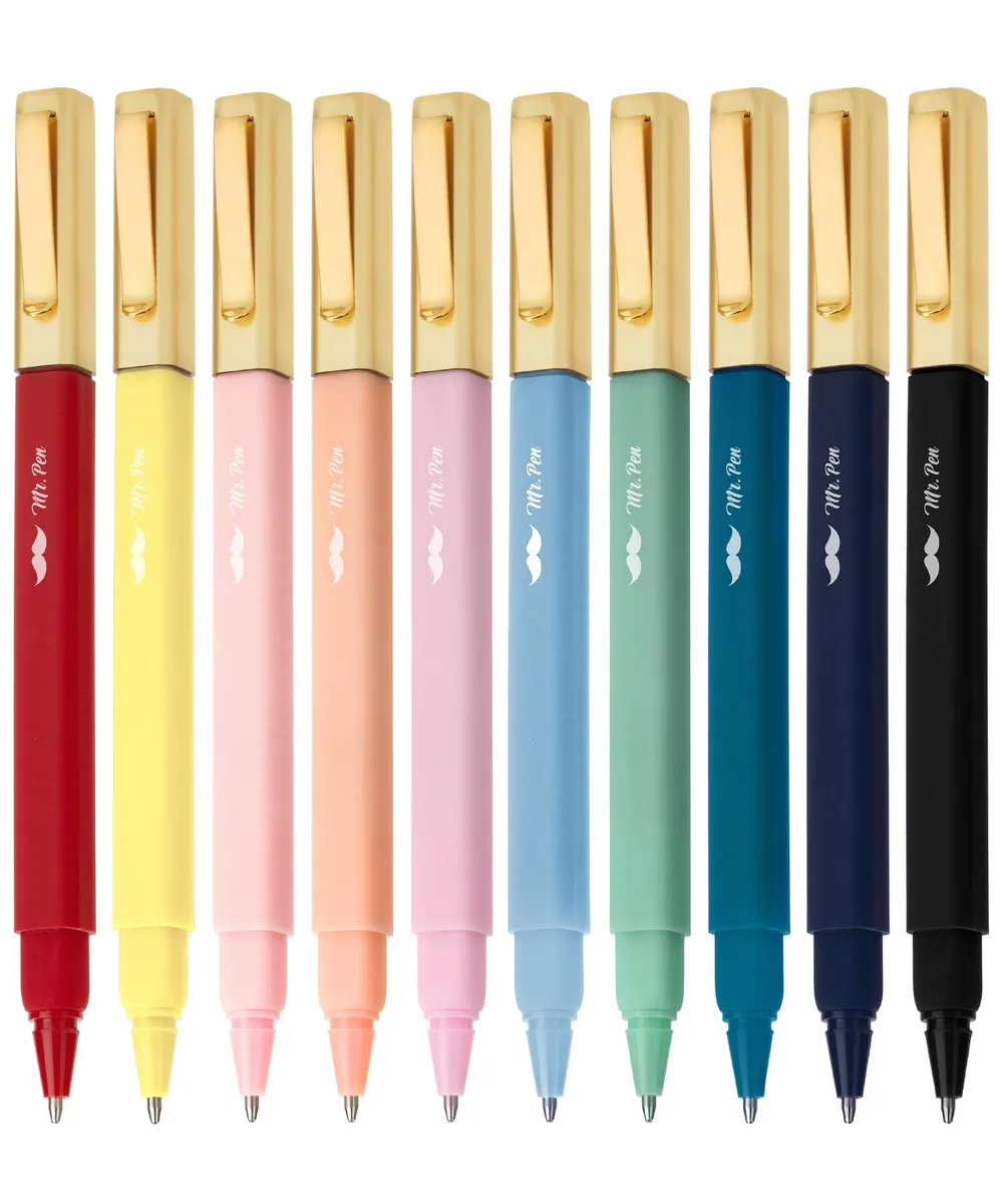 Ten blue ballpoint pens with square barrels, medium tip, new condition