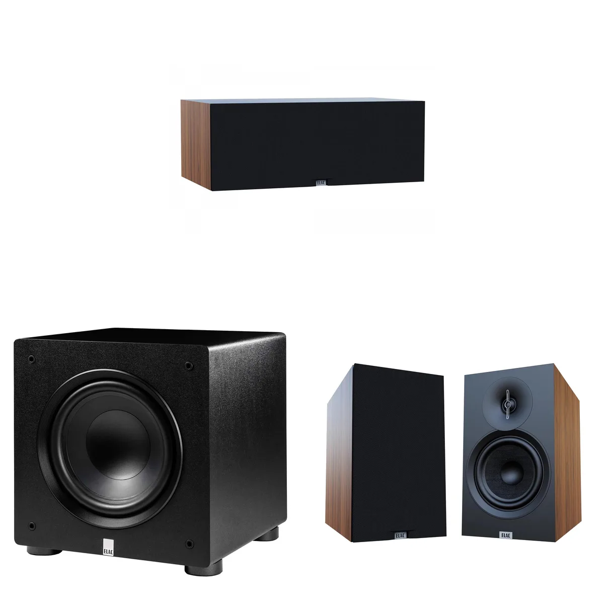 Elac Elac Debut 3.0 Walnut 6.5 Inch Bookshelf Center Subwoofer Bundle — product photo