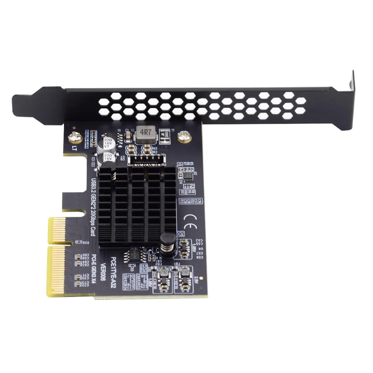 Compact silver PCI-E card with a rectangular USB-C front panel header protruding from the bracket
