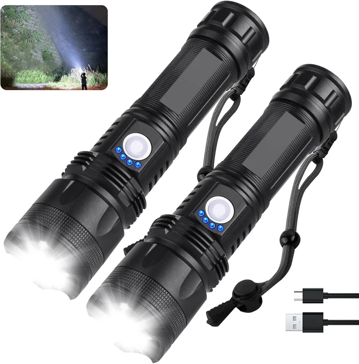 Two black cylindrical LED flashlights side by side