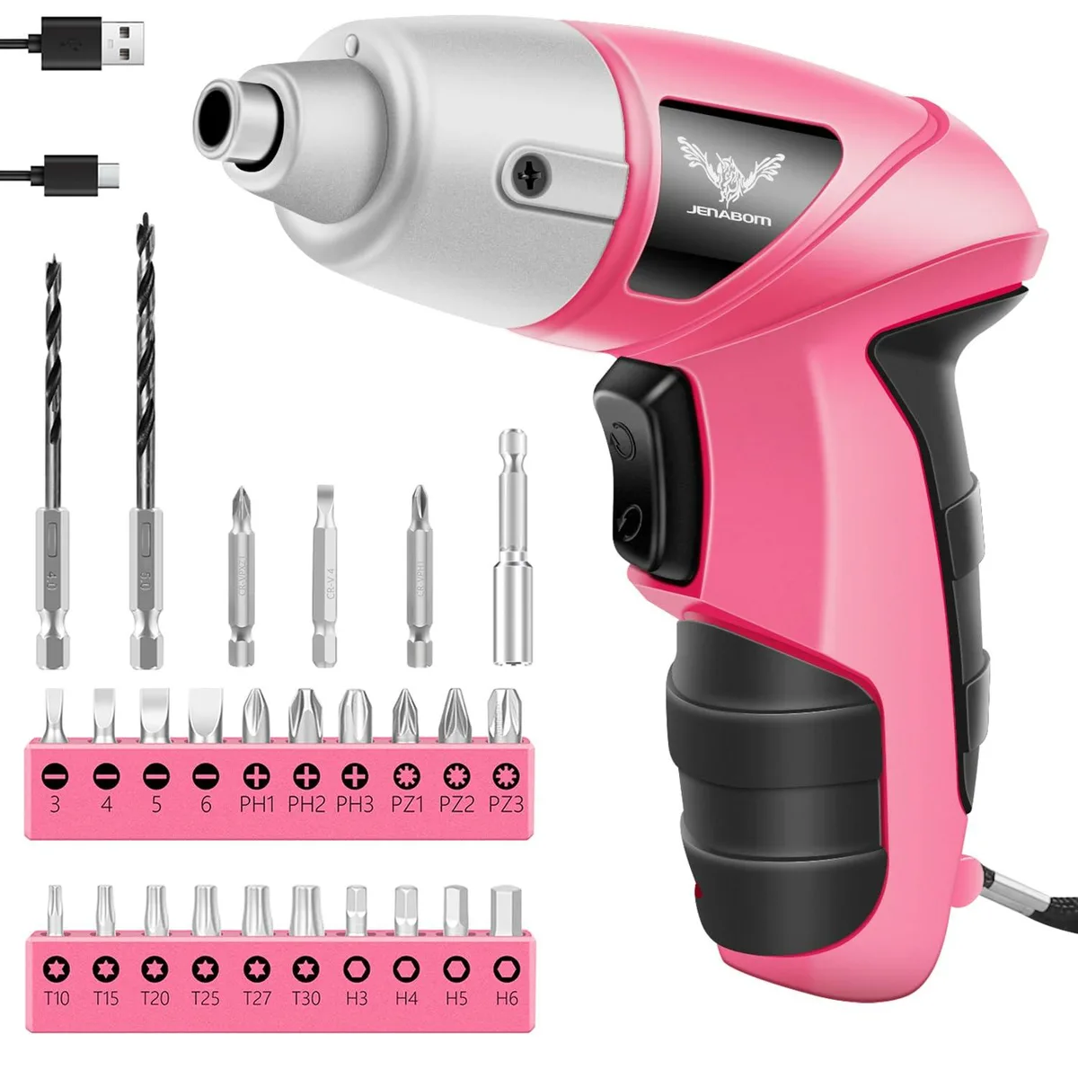Pink cordless screwdriver with pistol grip and 26-piece bit set