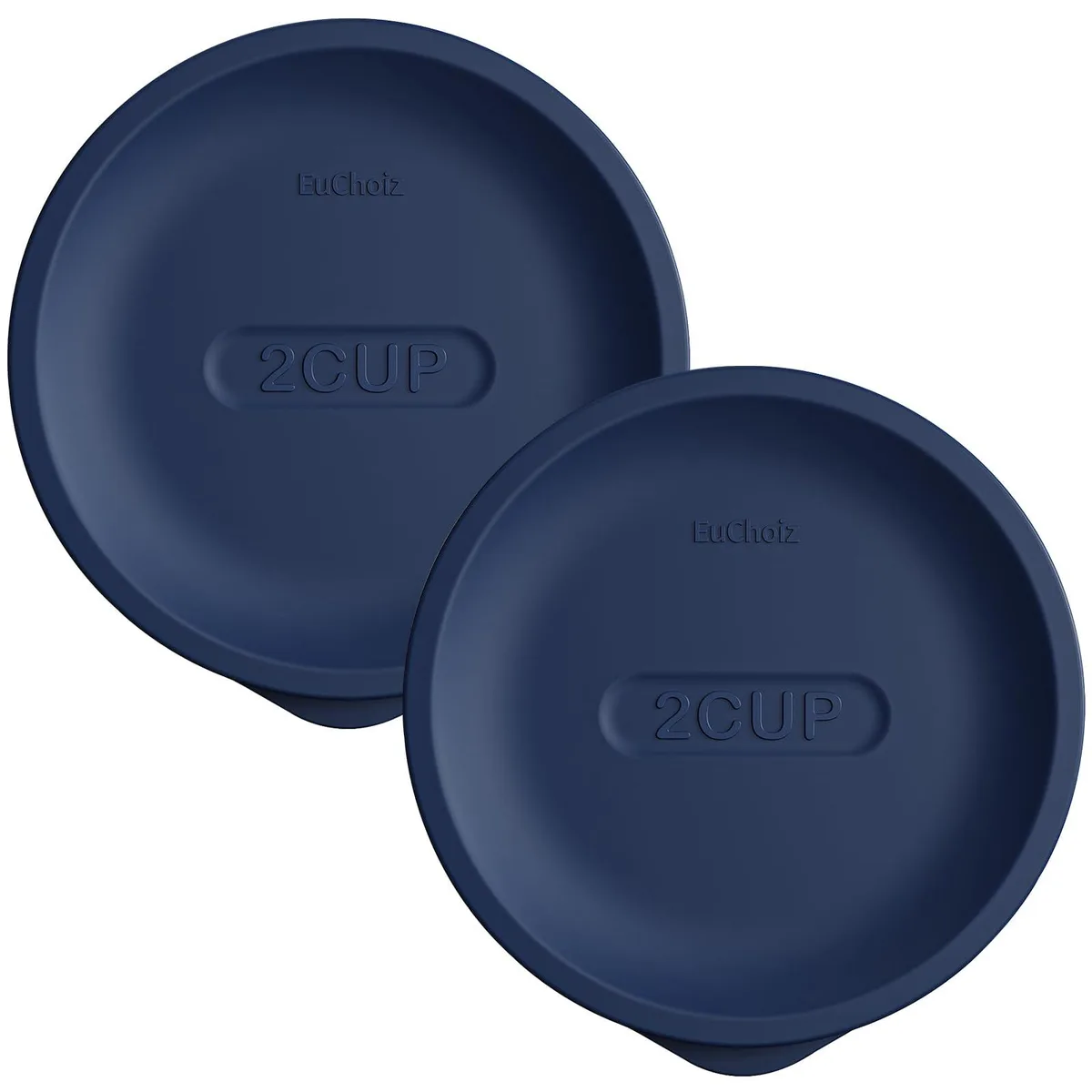 Two dark blue silicone lids with side handles, round and flexible