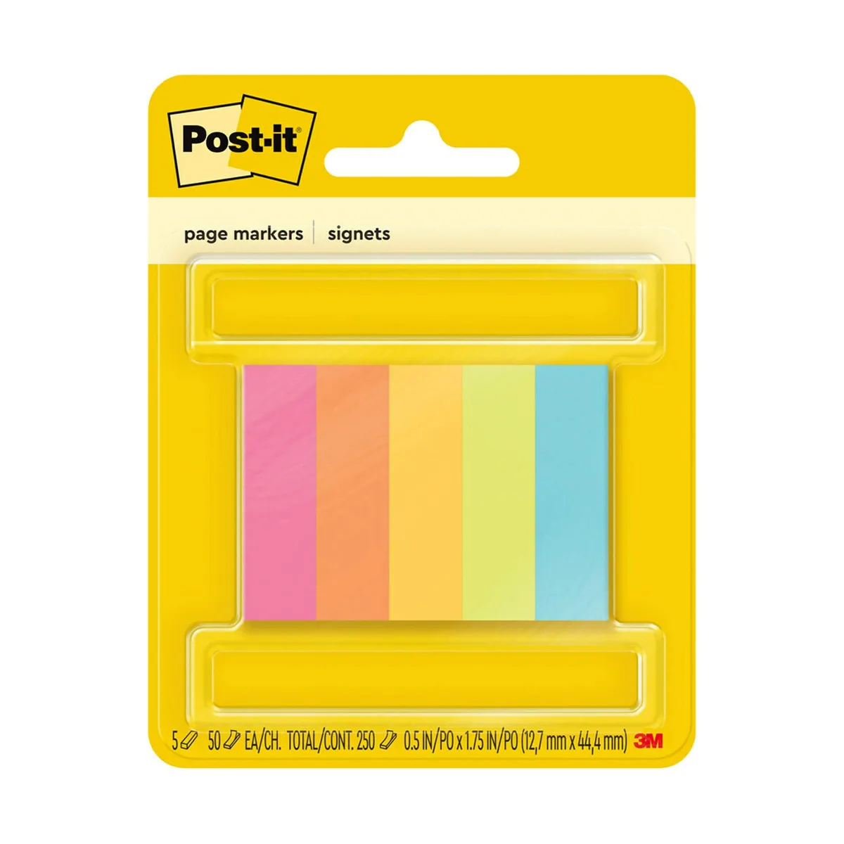 Five small pads of fluorescent page markers 0.5 by 2 inches