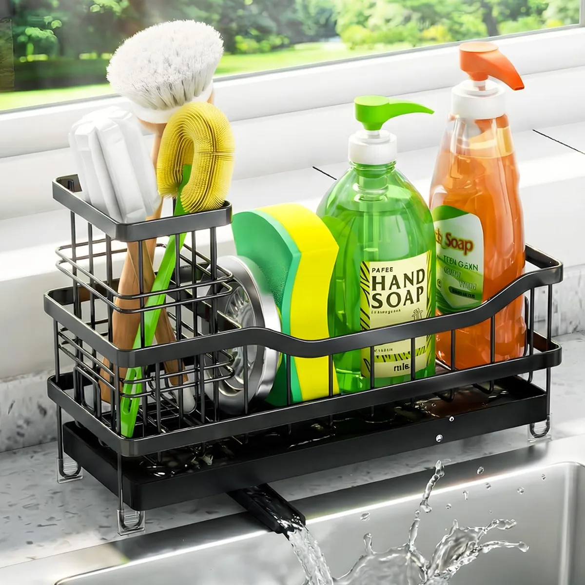 Black metal sink caddy with drainage spout and removable brush holder