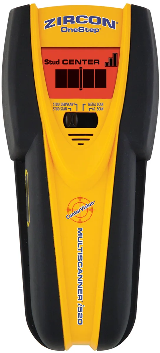 Yellow rectangular electronic stud finder with LCD screen and ergonomic grip