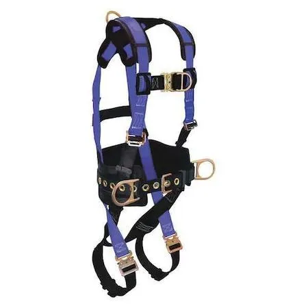 Black and blue vest-style full body harness with padded shoulder yoke and quick-connect buckles