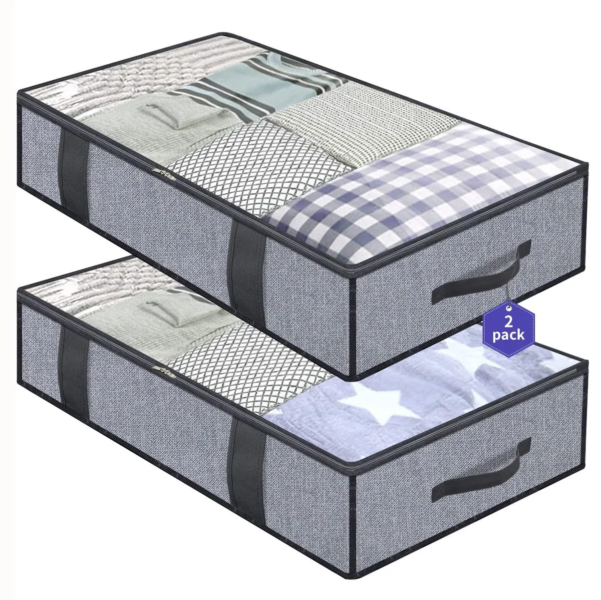Two flat rectangular grey fabric storage bags with clear top windows and side handles