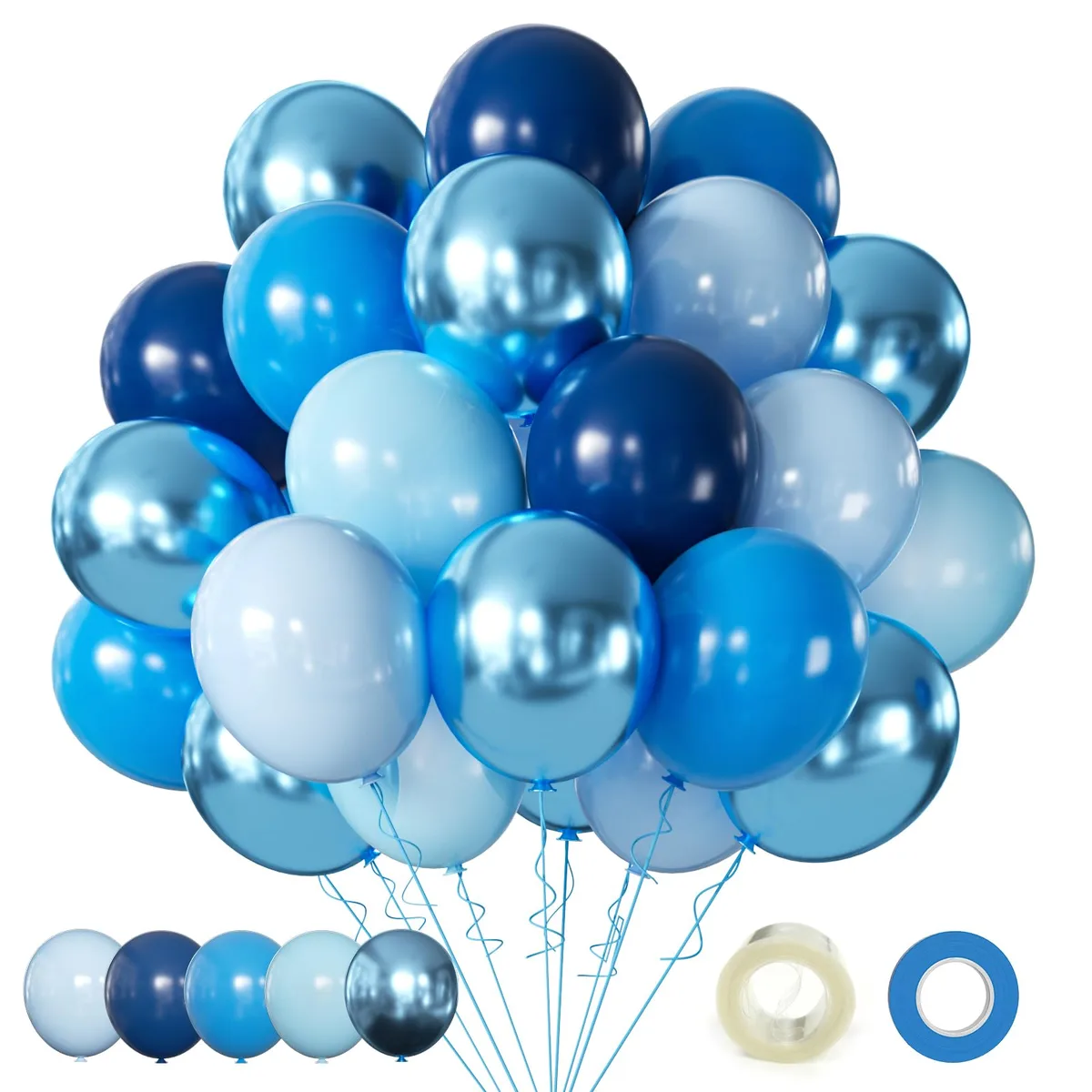 Blue latex balloon kit with chrome macaron pearl navy finishes 60 pieces 12 inch ribbons strip