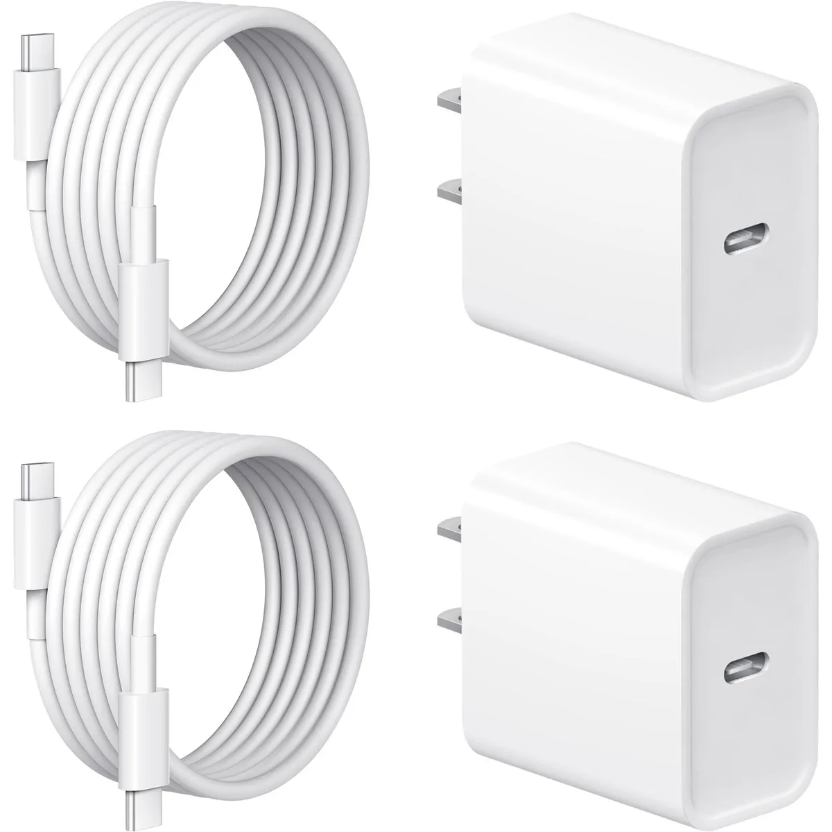 Two white USB-C wall chargers and two long white USB-C cables