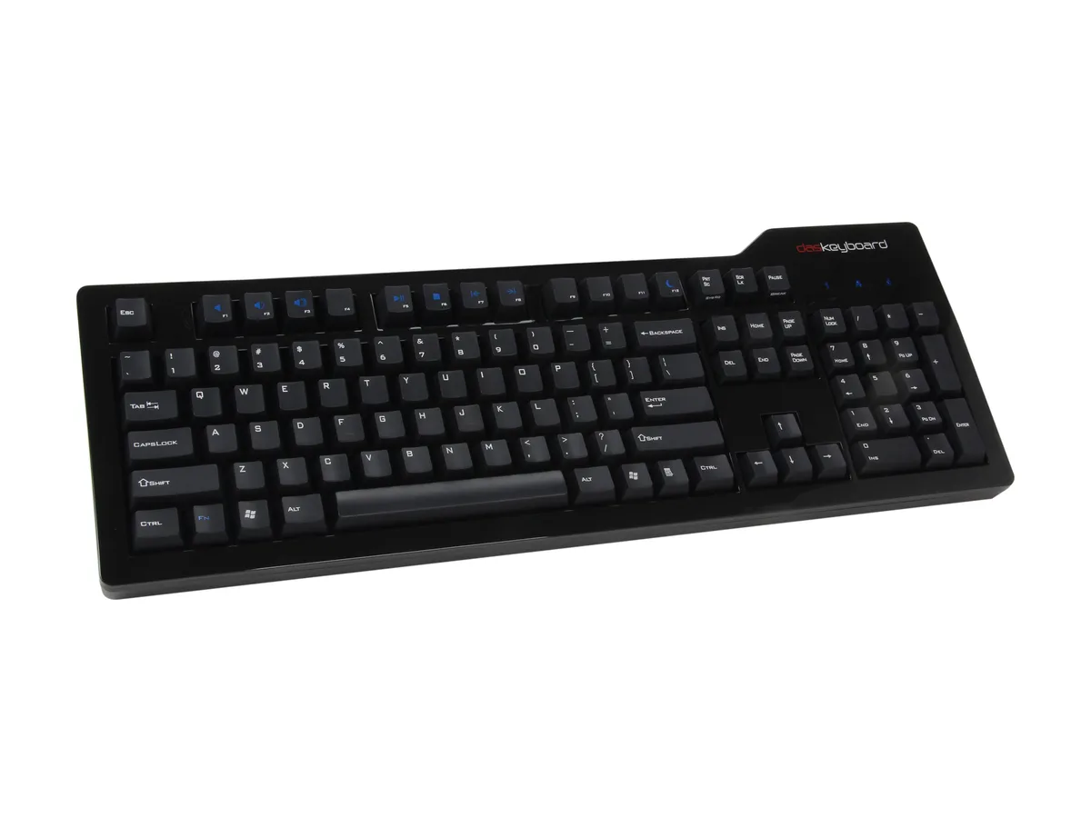 Black full-size mechanical keyboard with glossy finish, laser-etched keycaps and two USB ports