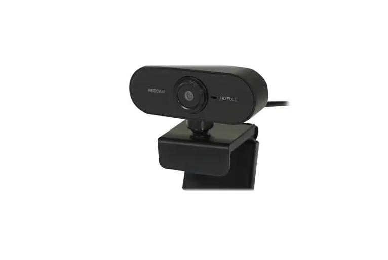Compact black webcam with built-in microphone, manual 360-degree rotation, 4.6 ft USB cable