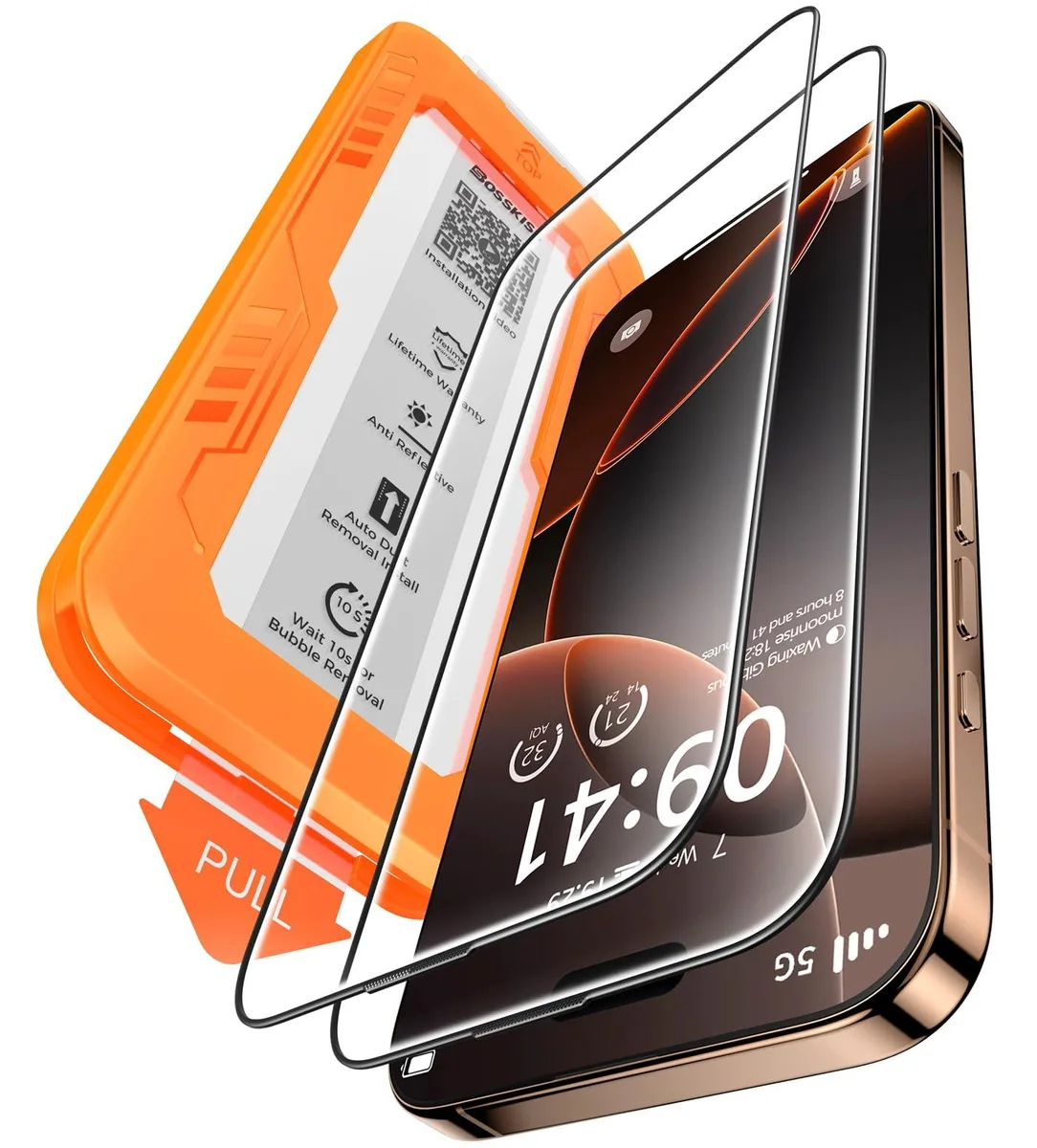 Two clear tempered-glass screen protectors with black bezels in a retail pack