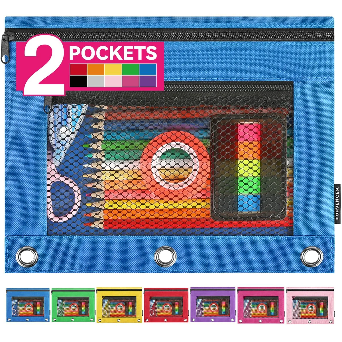 Clear mesh-front pencil pouch with zippered compartments and three-ring binder holes, Oxford fabric