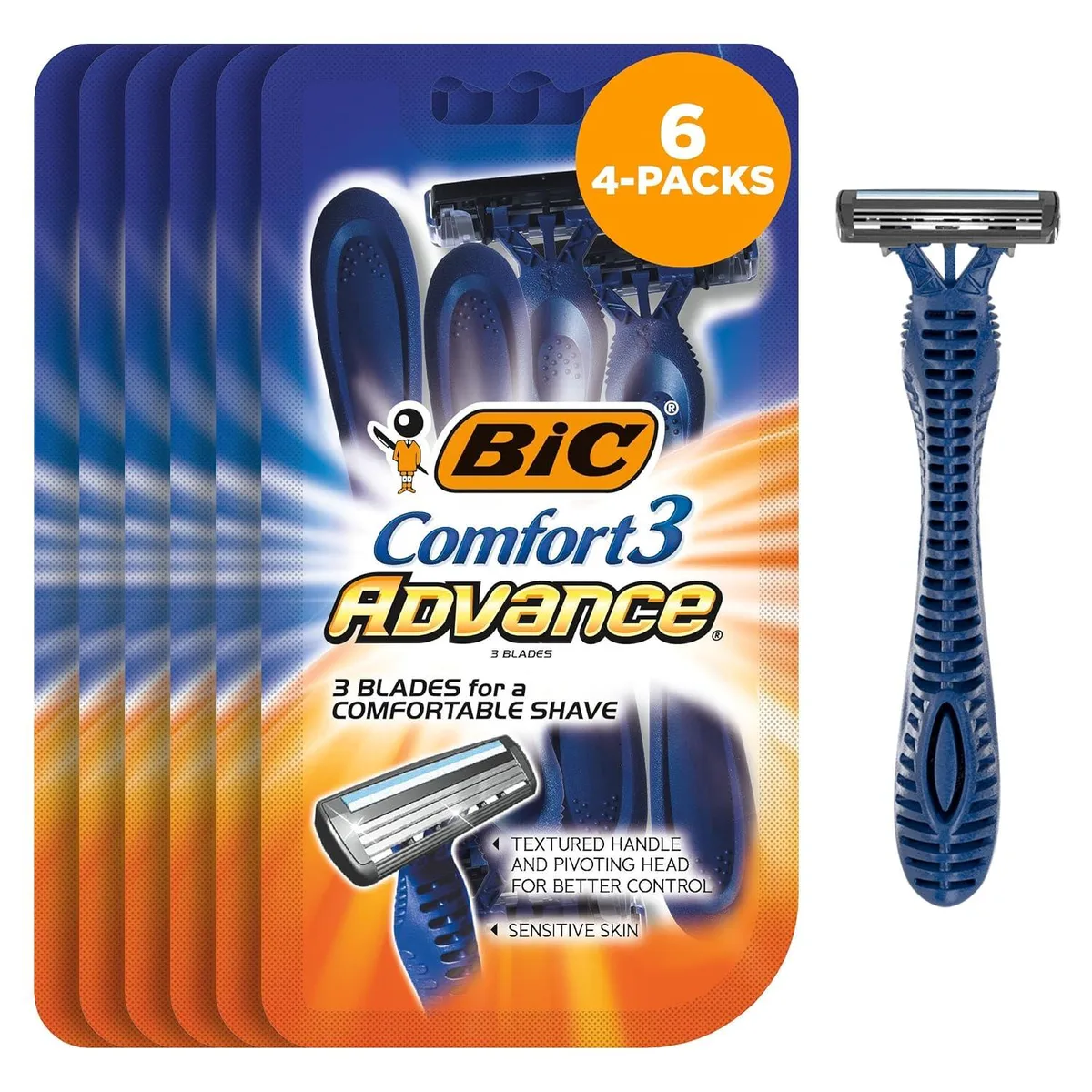 Four disposable razors with textured handles and pivoting heads, each with three blades and a lubricating strip