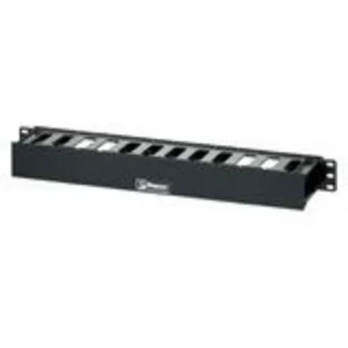 Black 1 RU horizontal cable manager with hinged cover and rounded fingers