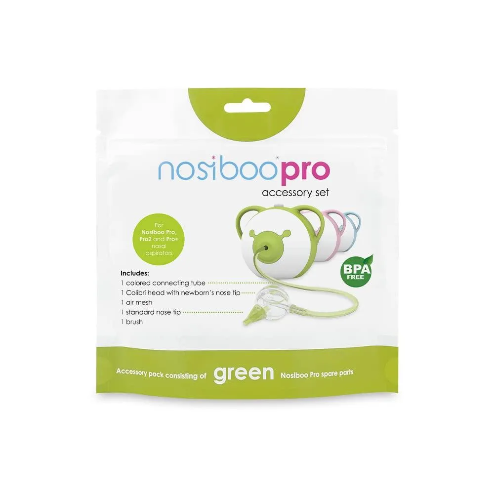 Green four-piece nasal aspirator accessory set in resealable bag