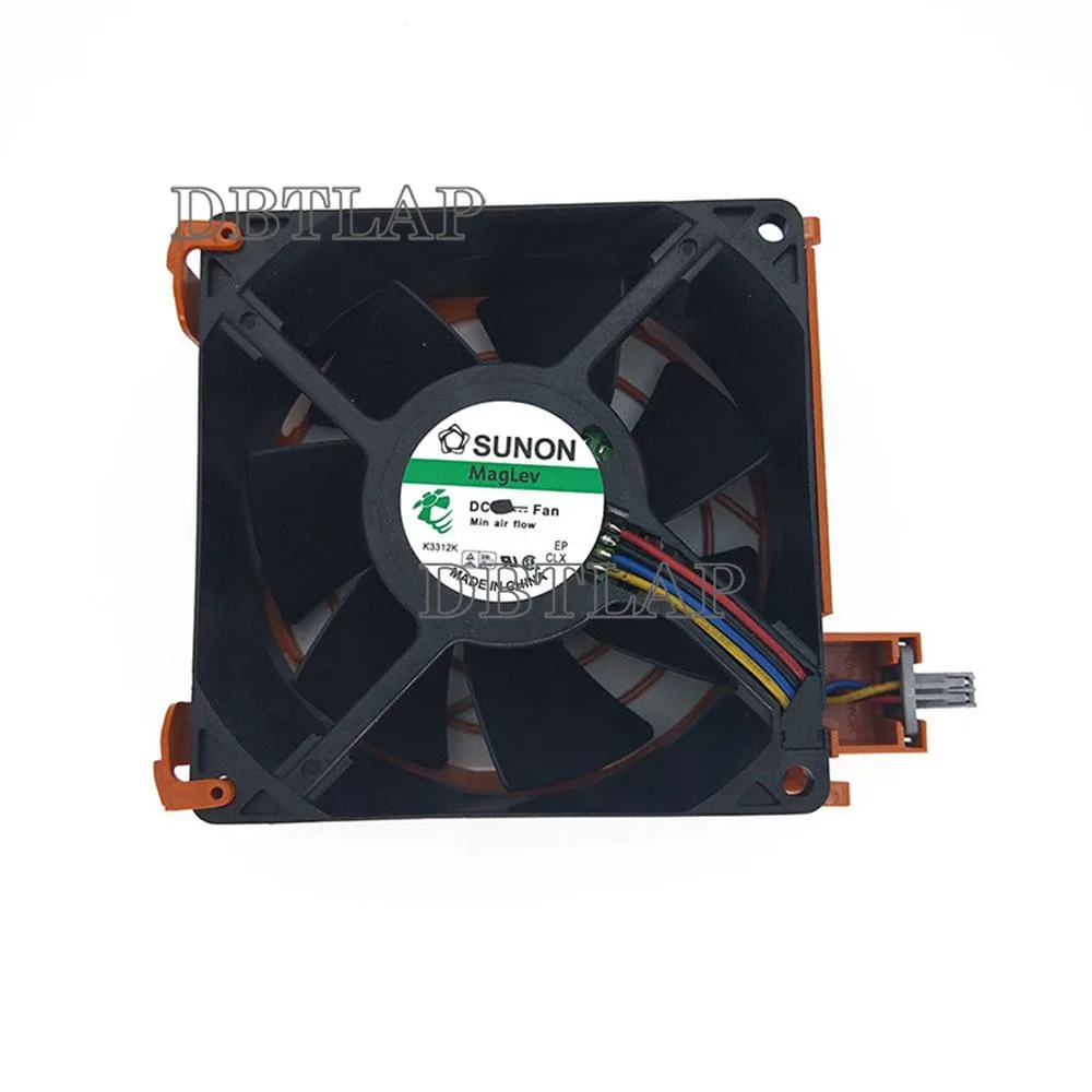 Black square server cooling fan with wire grille and four mounting holes