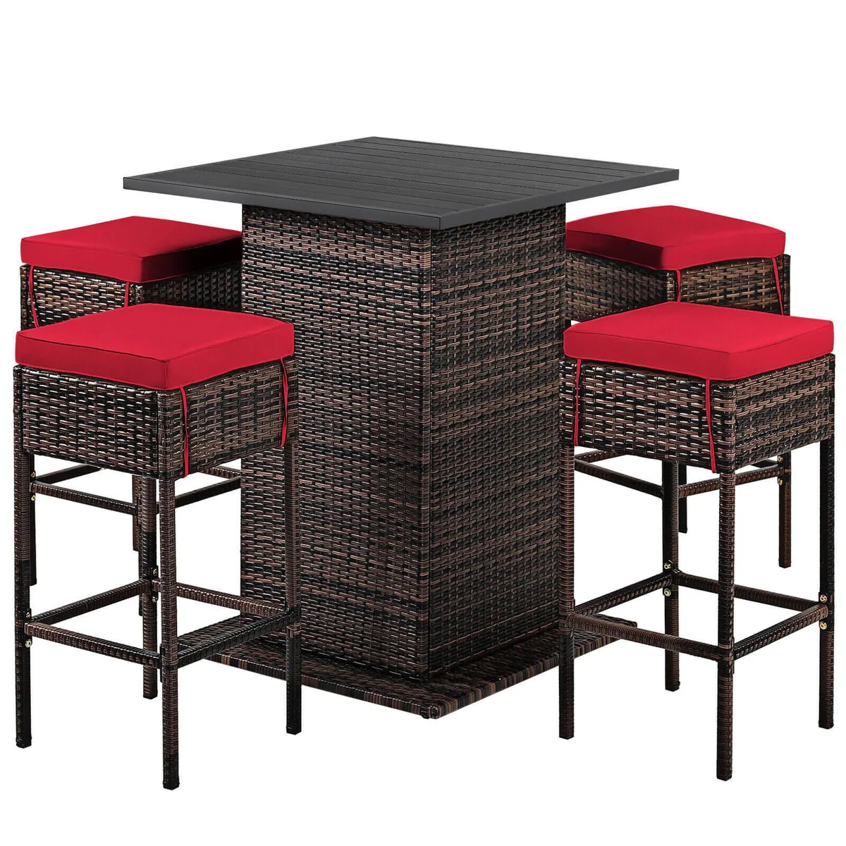 Red rattan bar table with hidden storage and four cushioned stools with footrests
