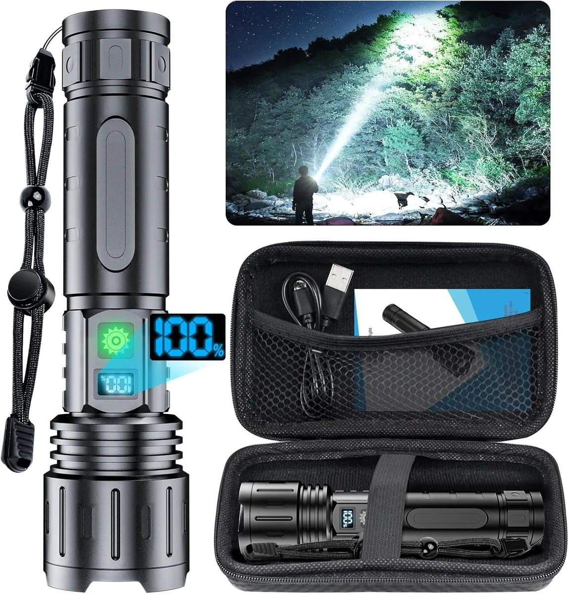 Cylindrical black flashlight with digital power display and USB-C port