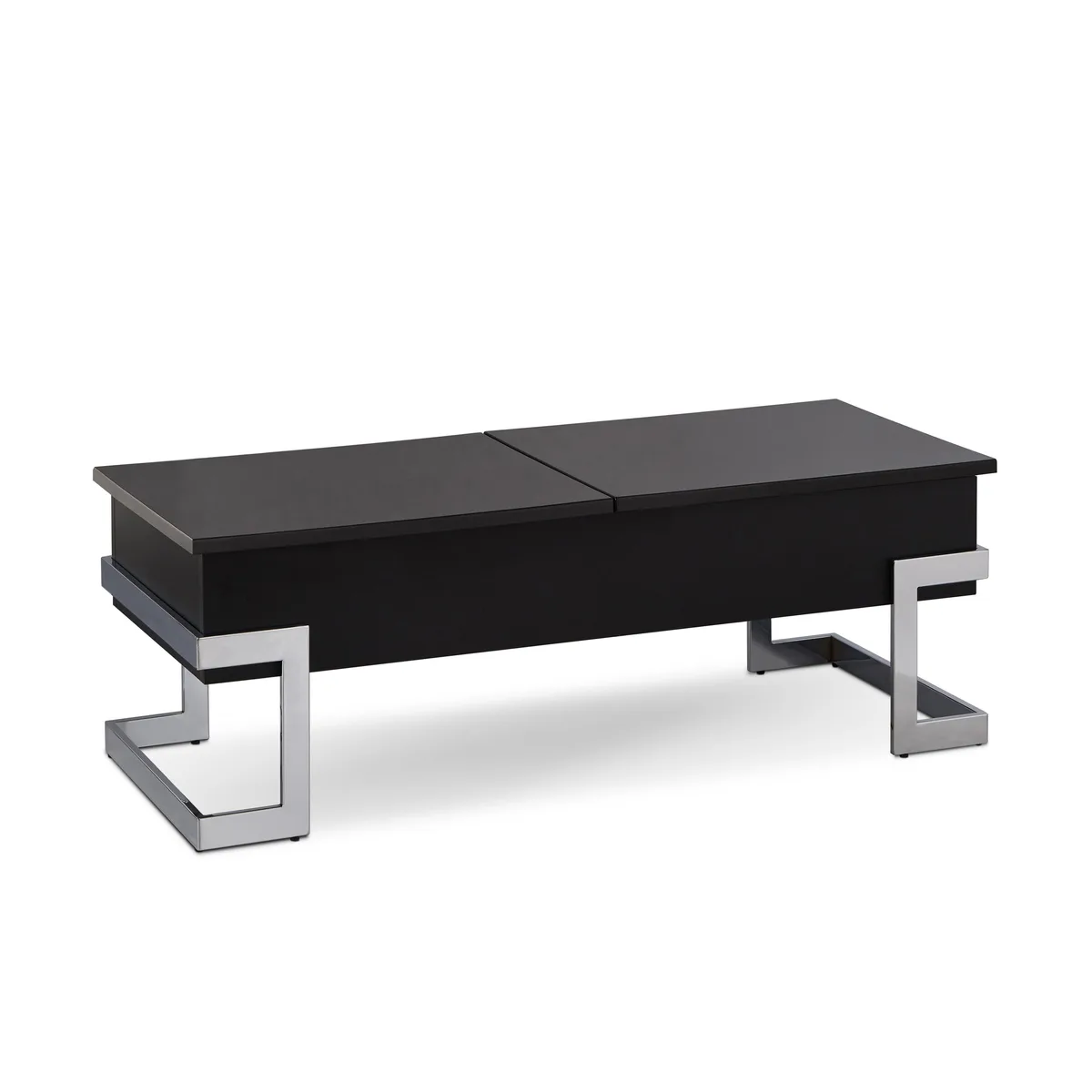 Black high-gloss rectangular coffee table with chrome legs, half lift-top lid open