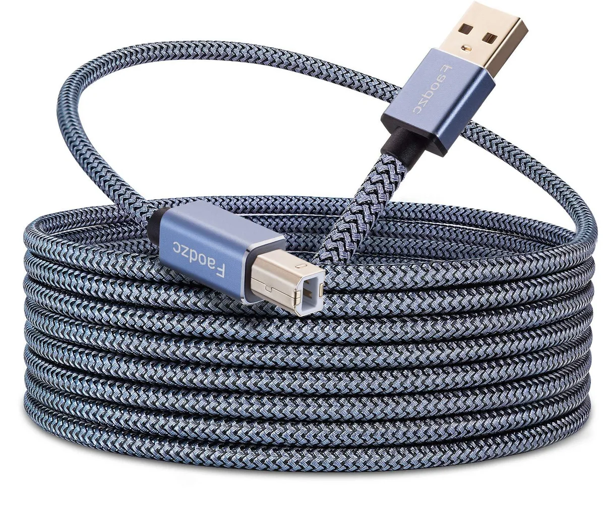 Blue nylon braided USB 2.0 Type A to B cable 25 ft