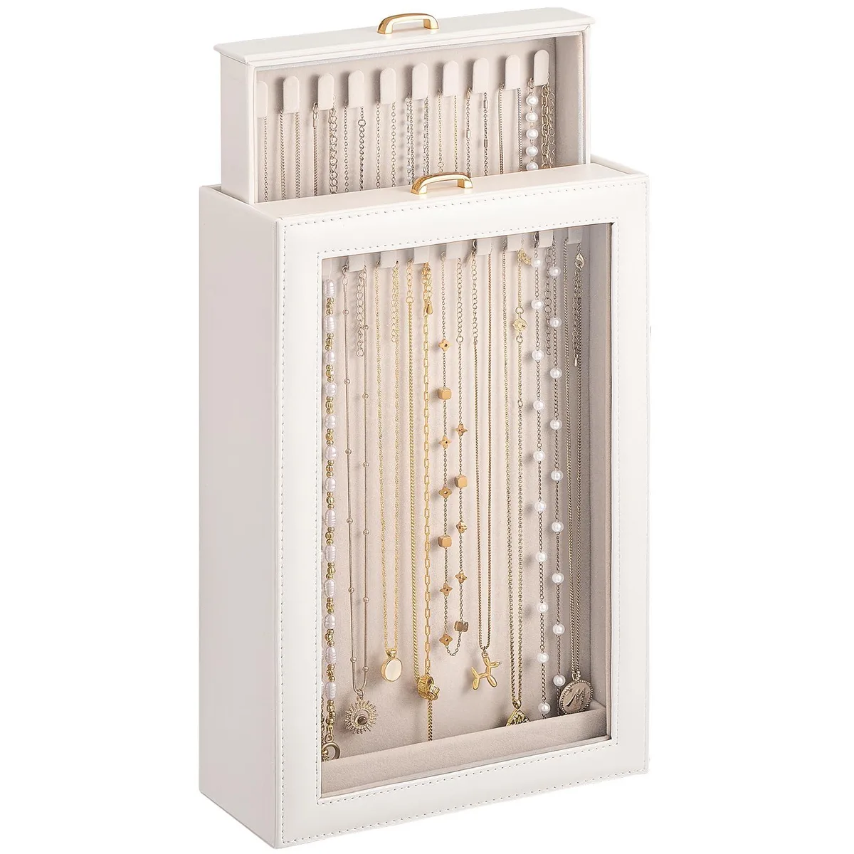 White rectangular box with clear window, two layers, twenty hooks, thirty-three centimetres wide