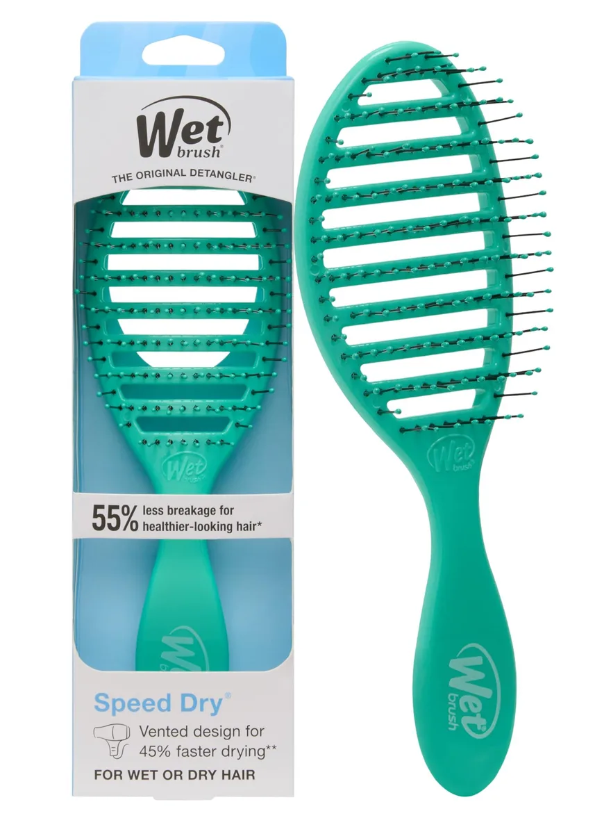 Aqua vented hair brush with ergonomic handle and soft bristles