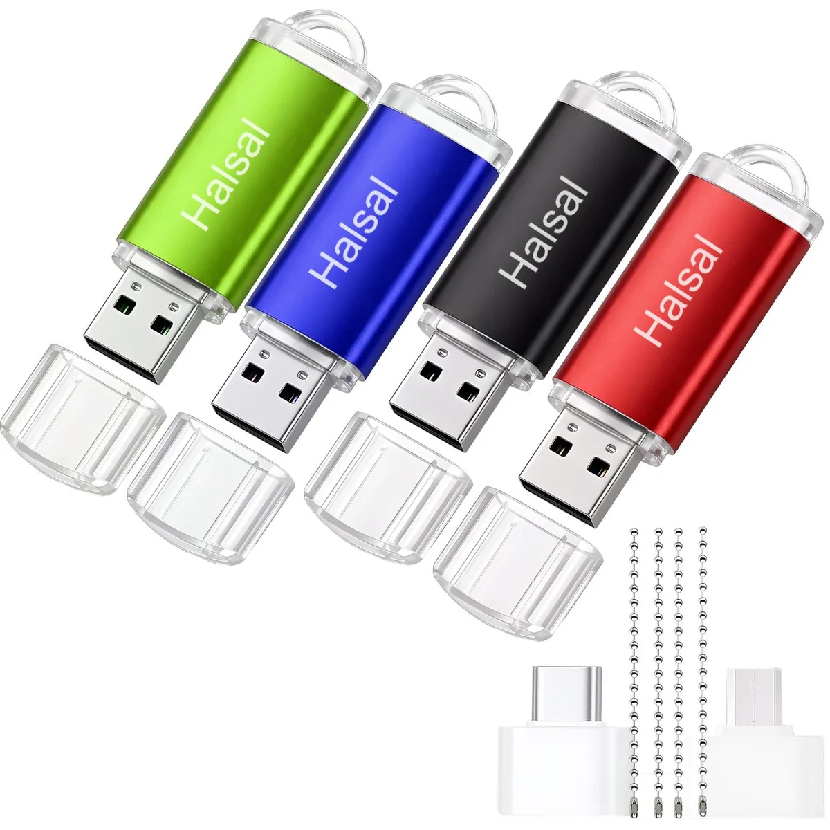 Halasal Halasal 3-in-1 USB 2.0 flash drive 64 GB 4-pack with Type-C and Micro USB adapters, blue and black — product photo