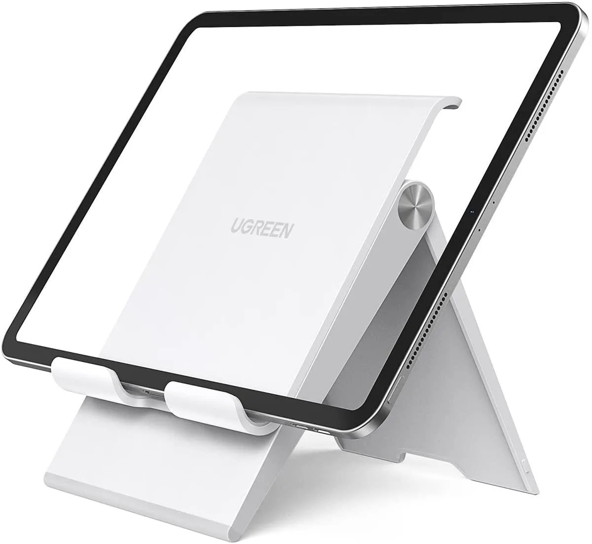 White foldable tablet stand with adjustable angle from 15 to 100 degrees