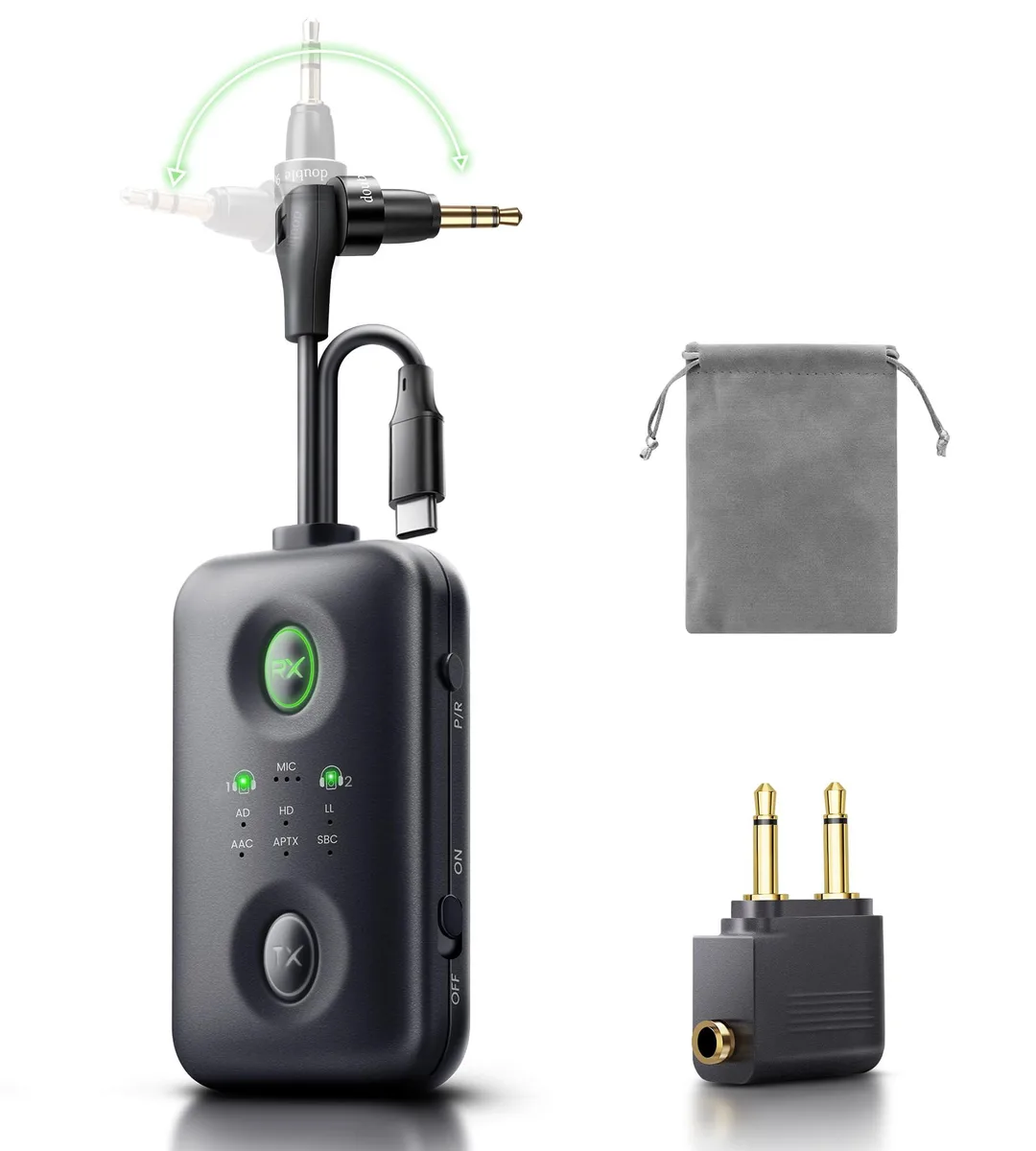  Happfeel Bluetooth 5.4 Transmitter Receiver 180° Rotatable 3.5mm Aux USB-C Adapter — product photo