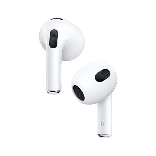 White wireless earbuds with short stems and charging case