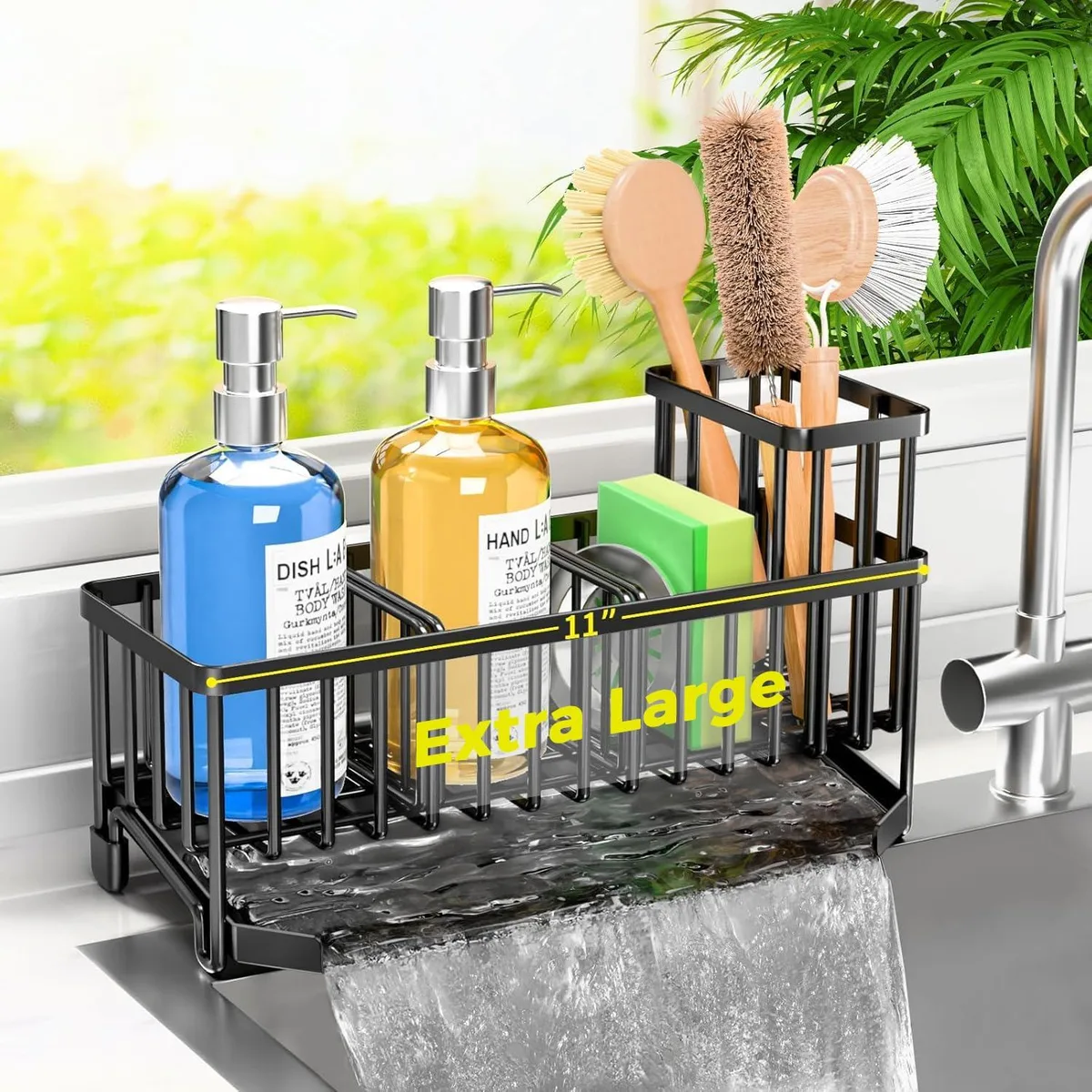Metal sink caddy with sloped drain tray and tall brush holder