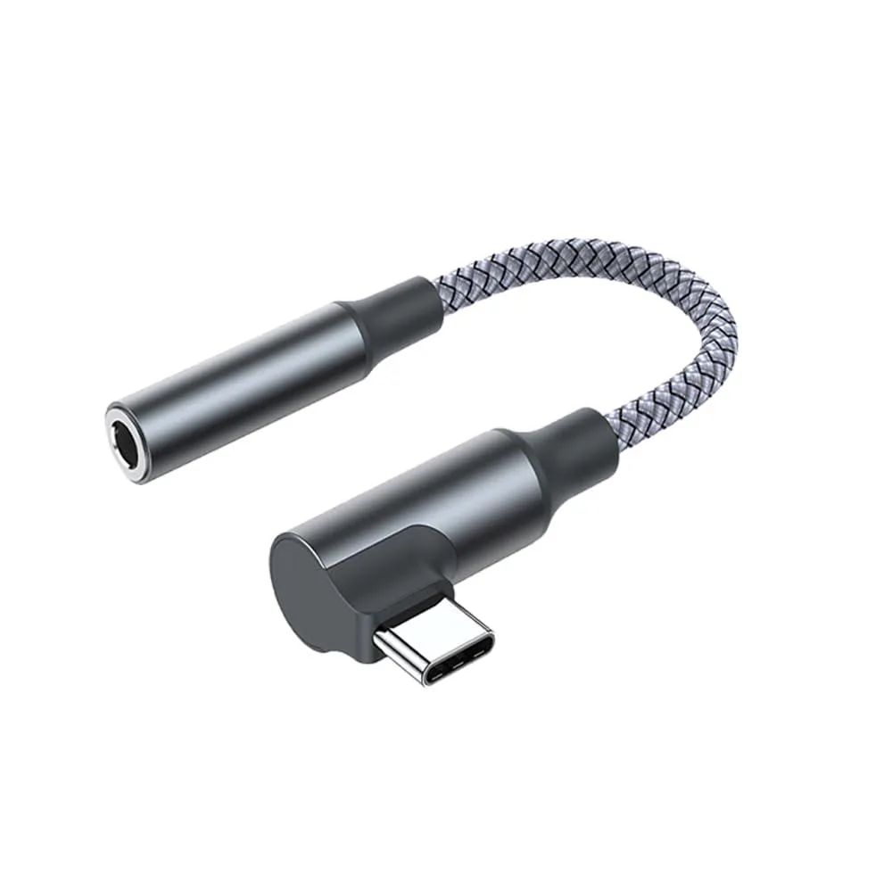 Grey right-angle USB-C to 3.5 mm audio adapter, short braided cable