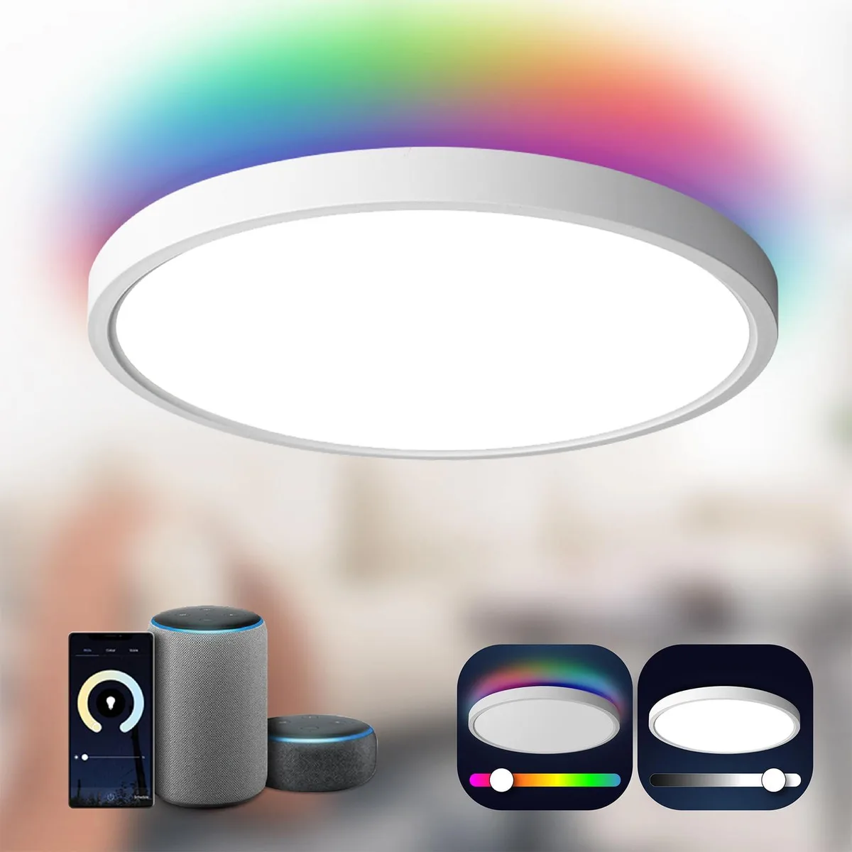 White flush-mount LED ceiling light 12 inch round acrylic diffuser RGB backlight
