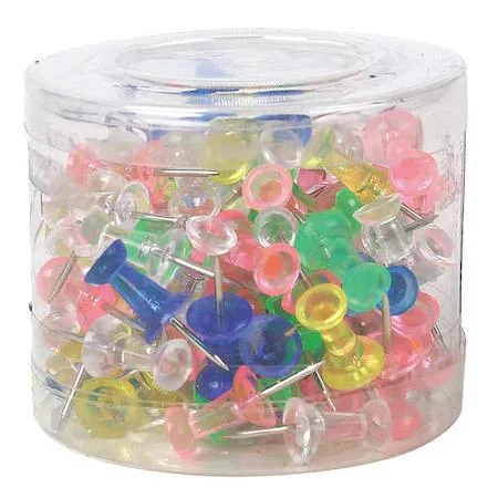 Clear plastic push pins with metal points in assorted colours, box of one hundred