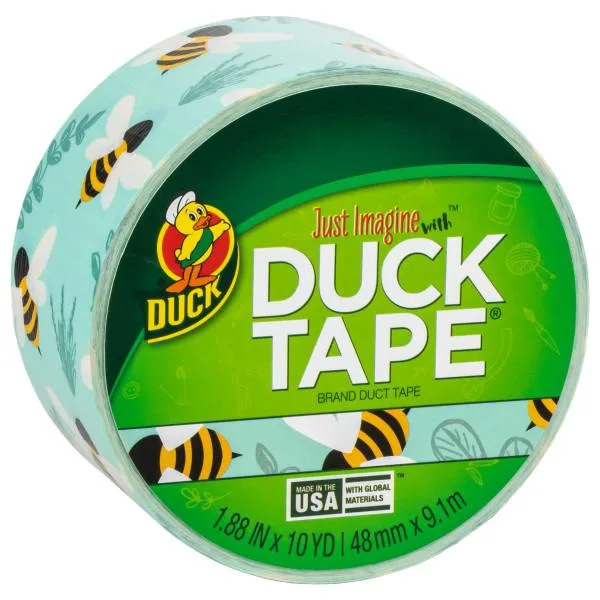 Roll of printed duct tape with botanical bee pattern, 1.88 in wide, 30 ft long