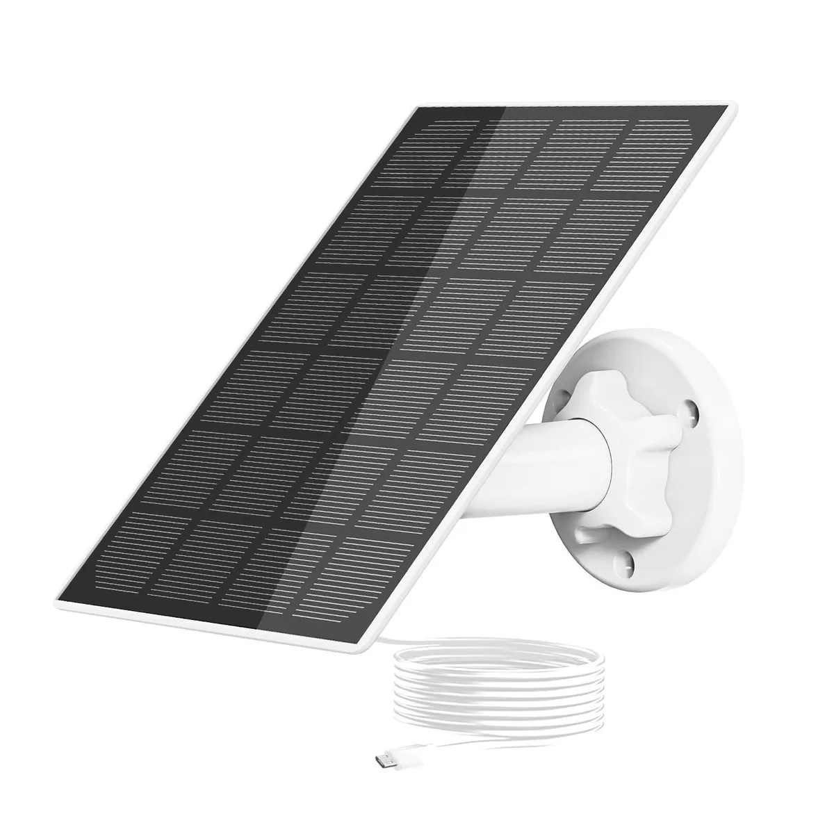 White rectangular solar panel with adjustable bracket and ten-foot USB-A cable