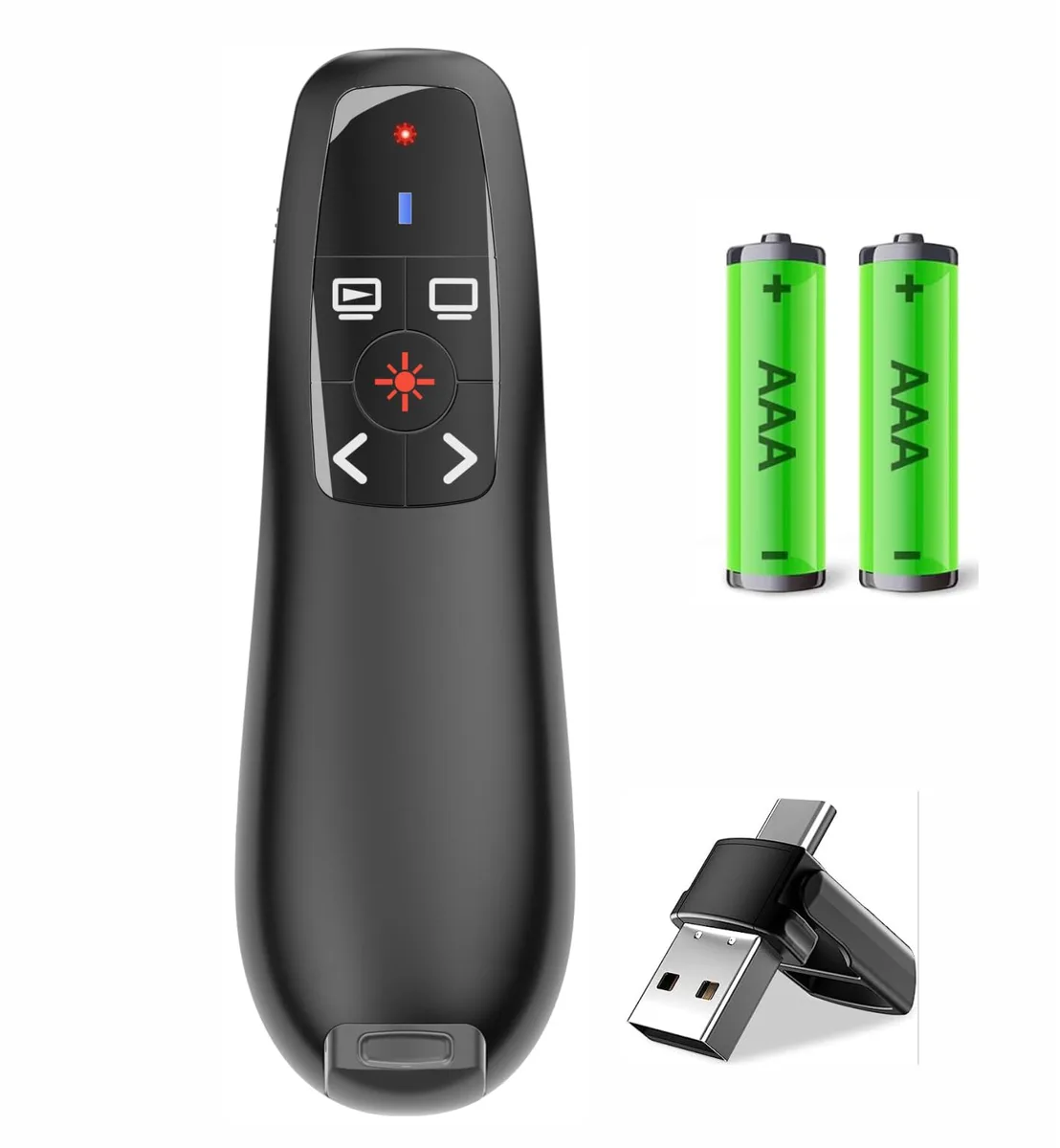 Black wireless presenter remote with dual USB-A and Type-C receiver, compact rectangular shape